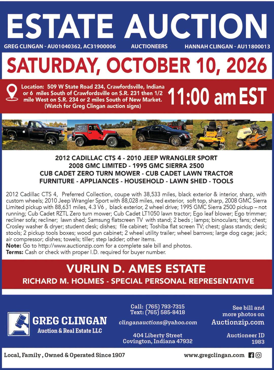 Ames Estate Auction – October 10, 2026 – Crawfordsville, Indiana