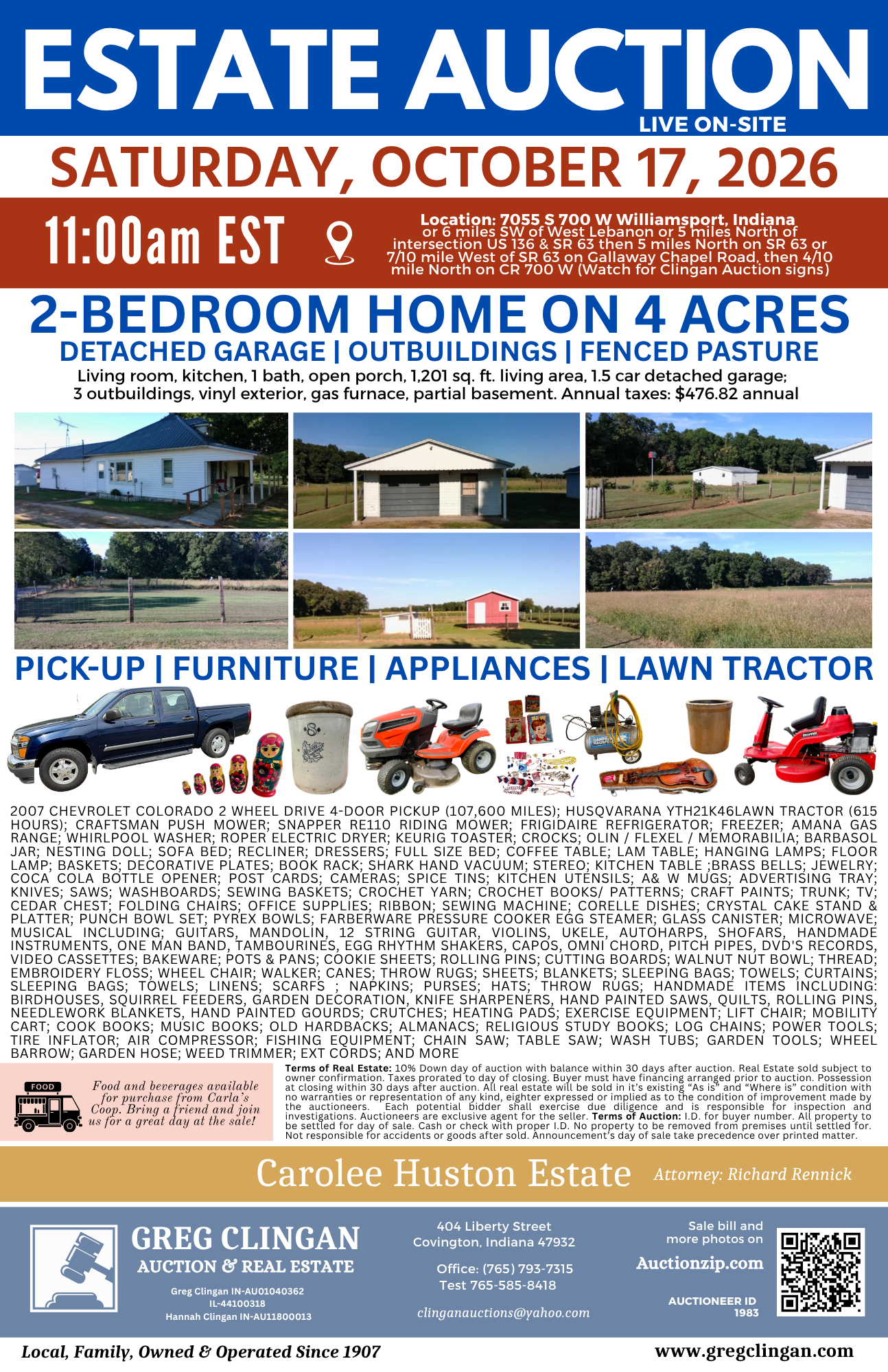 Carolee Hutson Estate Auction – October 17, 2026 – Williamsport, Indiana
